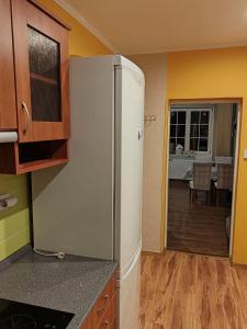 cocina con nevera y comedor en Apartmán u Petrů 1, en Jáchymov