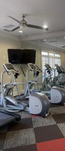 een fitnessruimte met diverse cardiofietsen en een flatscreen-tv bij Spacious 1BDRM Retreat in Peachtree City
