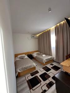 1 Schlafzimmer mit 2 Betten, einem Fenster und einem Teppich in der Unterkunft Maryam hotel in Samarkand