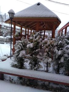 un kiosque recouvert de neige avec quelques buissons dans l'établissement Natura Tusnad, à Băile Tuşnad