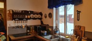 a kitchen with a sink and a counter with a window at Skroblakówka 