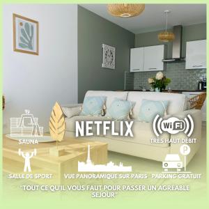 um poster de uma sala de estar com um sofá e uma cozinha em La villa perchée em Saint-Prix