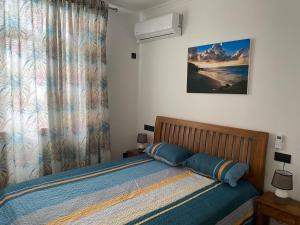 Schlafzimmer mit einem Bett mit blauer Bettwäsche und einem Fenster in der Unterkunft Mont Choisy Cosy Apartment in Pamplemousses Village