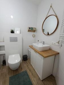 La salle de bains est pourvue de toilettes, d'un lavabo et d'un miroir. dans l'établissement Apartament in Ialoveni la 5 km de Chisinau, à Ialoveni