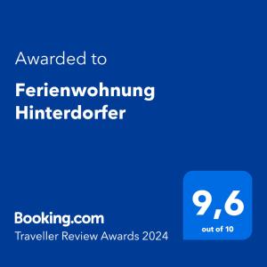 Sertifikatas, apdovanojimas, ženklas ar kitas apgyvendinimo įstaigoje Ferienwohnung Hinterdorfer matomas dokumentas