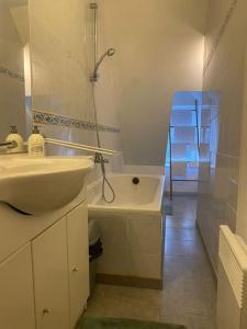 ein Badezimmer mit einem Waschbecken, einer Dusche und einer Badewanne in der Unterkunft Appartement, cité médiévale in Laon
