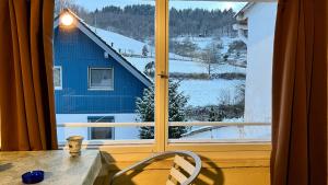 a window with a view of a blue house at FeWo, Monteurwohnung Pauline in Gorxheim