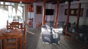 uma sala de estar com um sofá e uma mesa em Hostal El Colibri em Vicuña