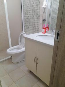 een badkamer met een toilet, een wastafel en een spiegel bij the perfect affordable apartments in Nairobi