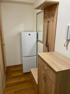 Apartmán Astra في Sezimovo Ústí: مطبخ مع ثلاجة بيضاء في الغرفة