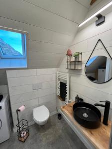 baño con lavabo negro y aseo en LE CHALET, en Gavarnie