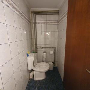 a bathroom with a toilet in a tiled room at Xrisa's house in Kavala +18 photos