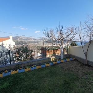 a backyard with a fence and a tree in a yard at Xrisa's house in Kavala