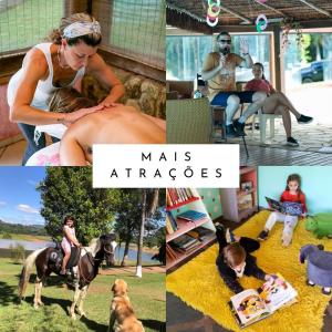 eine Sammlung von Fotos mit Menschen und Tieren sowie einem Kind und Hunden in der Unterkunft Hotel Fazenda e Marina Monteleone in Joanópolis
