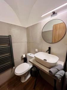 a bathroom with a toilet and a sink and a mirror at Apartament Turnul Olarilor in Sibiu +7 photos