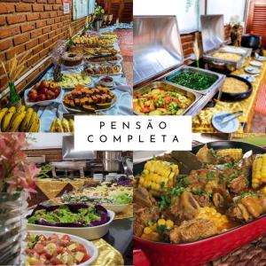 a collage of photos of a buffet of food at Hotel Fazenda e Marina Monteleone in Joanópolis