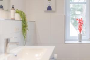 a white bathroom with a sink and a window at CoView - Design Apartment - 2 Schlafzimmer - Küche - Highspeed Wlan in Dresden +18 photos