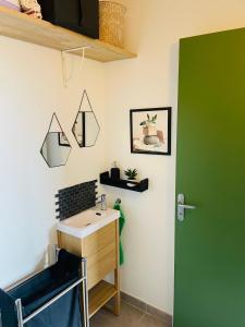 baño con lavabo y puerta verde en Chambre et salle de bain privée en Montpellier