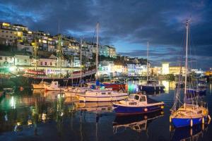 a group of boats docked in a harbor at night at Brixham Ground Floor Apartment in Torquay