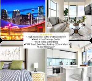 a collage of pictures of a living room and a kitchen at 35th FL w the BEST Views of the Stampede & Saddledome! FREE Banff Pass, Wine, Parking & Gym! in Calgary