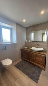a bathroom with a toilet and a sink and a mirror at Maison de campagne - Chez Félicien in Recologne-lès-Rioz