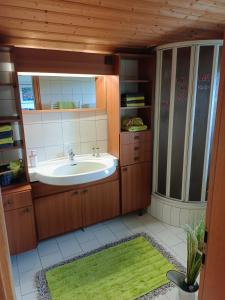 a bathroom with a sink and a shower at Sunwood Apartment-Ferienwohnung mit Herz in Finkenstein