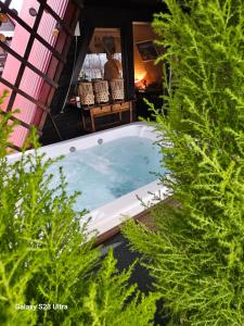 Dom nad jeziorem في جيفيتس: حوض استحمام ساخن في الفناء الخلفي مع النباتات الخضراء