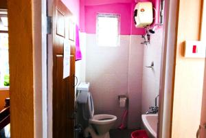 een roze badkamer met een toilet en een wastafel bij Hotel New Smriya Homestay Inn Darjeeling in Darjeeling