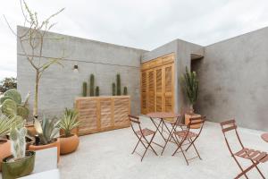 a patio with chairs and a table and some plants at Macondo Arte Oaxaca in Oaxaca City