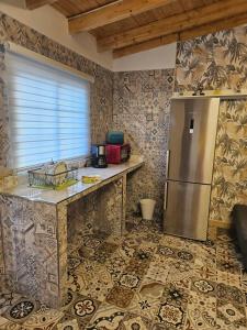 uma cozinha com um frigorífico de aço inoxidável num quarto em Eterna Primavera Fayna em Granadilla de Abona