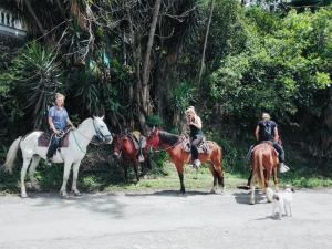 a group of people riding horses on a street at Matilda Ec in Vilcabamba