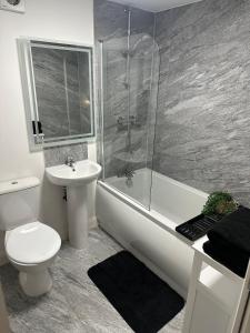 Margate Apartment في Kent: حمام مع مرحاض ودش ومغسلة