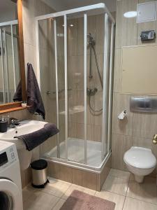 ein Bad mit einer Dusche, einem WC und einem Waschbecken in der Unterkunft Európa Birdland Apartman in Bük