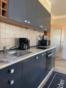 a kitchen with a sink and a counter top at Európa Birdland Apartman in Bük