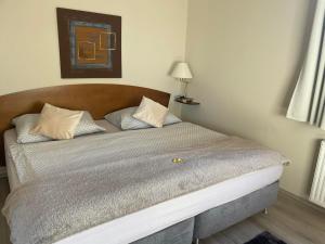 a bedroom with a large bed with a wooden headboard at Európa Birdland Apartman in Bük