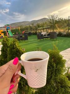 una persona sosteniendo una taza de café con un patio de recreo en el fondo en Hotel Tatul en Momchilgrad