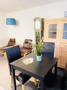 una mesa de comedor con una maceta. en Scandinavian Apartment Hotel - Tobaksgården Budget - 2 room apartment, en Horsens