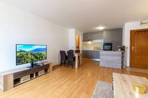 a living room with a large flat screen tv at Bansko Ski & Relax Apartment in Bansko
