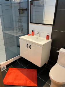 uma casa de banho com um lavatório branco e um chuveiro em Republique Lounge em Fort-de-France