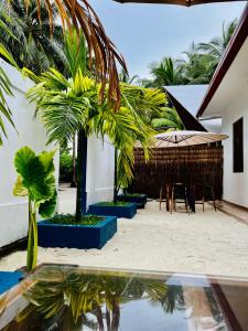 a resort with a table and chairs and palm trees at Captal Beach Villa in Mathiveri