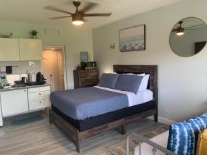 哈兰代尔海滩Walk to the beach, Studio, with Pool and FREE Parking的一间带床的卧室和一间厨房