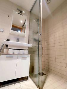 uma casa de banho com um lavatório e uma cabina de duche em vidro. em Enjoy luxury and convenience @best area of Tallinn em Talin