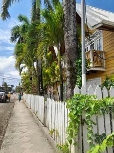 ボカス・タウンにあるCharming Yellow Houses Loft-style apartmentの椰子の家の隣の白い柵