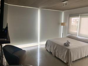 una camera da letto con un letto, una sedia e una finestra di Linda Bay Resort y Spa Monoambiente a Mar de las Pampas