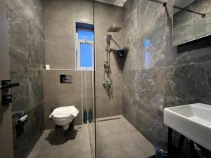 a bathroom with a shower and a toilet and a sink at ComeLiveGO Cihangir 31 in Istanbul