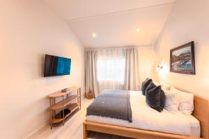 弗吕济Garður Stay Inn & Secret Lagoon included!的配有床和电视的酒店房间