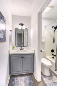 a bathroom with a sink and a toilet and a mirror at Cheerful 3 bedroom house with patio in Auburn