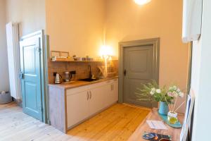 - une cuisine avec un comptoir et une table dans une pièce dans l'établissement Gästehaus Liebfrauen, à Wernigerode