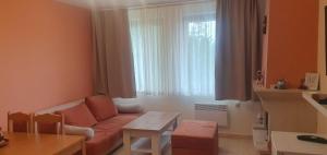 uma sala de estar com um sofá em frente a uma janela em Апартамент Pamporovo Palace em Pamporovo