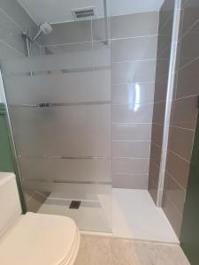 een badkamer met een douche en een toilet bij Acogedor apartamento para dos en el centro in Huesca